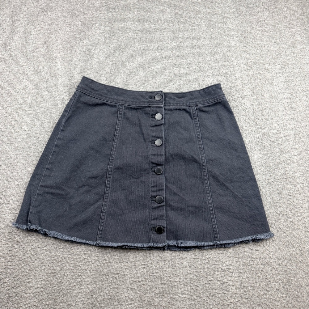 H&M Divided Black Denim Women's 4 Button Front Mini Skirt Raw Hem